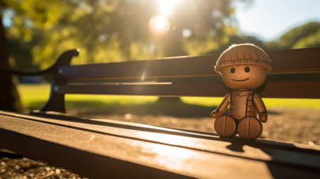 a doll, in the style of bokeh panorama, sits on a park bench. the light brown and light bronze colors of this adorable toy sculpture blend harmoniously with the surroundings. this kodak colorplus photograph captures the plush doll art beautifully, while the sunrays shining upon it add a touch of enchantment. ai generatedの素材