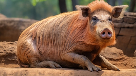a boar in an enclosure, surrounded by dirt, showcasing a unique blend of light orange and light crimson hues. this 32k uhd photograph captures the essence of petcore, bold colorism, and unconventional poses. the boar exudes a dignified presence, creating a captivating juxtaposition between animals and people. ai generatedの素材