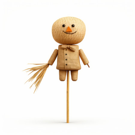 a man holding a natural fiber implement in a 3d illustration. the implement has a halloween theme and a naive charm, resembling cardboard. the artwork showcases graceful balance and includes depictions of inclement weather. the overall effect is reminiscent of a soft sculpture. ai generatedの素材