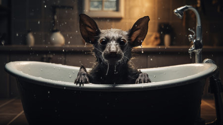 a big dog sits in a bathtub, surrounded by a dark and moody atmosphere. the image showcases gothic elements with grotesque caricatures and a touch of goblin academia. tilt-shift lenses and photo-realistic techniques enhance the hyper-realistic details, creating a stunning and captivating composition. ai generatedの素材