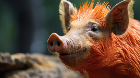 an orange pig with dark brown hair, showcasing a solarization effect in this national geographic photo. the pig's exaggerated facial features are highlighted by the light red and dark pink tones. the image is captured with sharp focus, presenting a dazecore aesthetic. this uhd image is visually stunning and captivating. ai generatedの素材