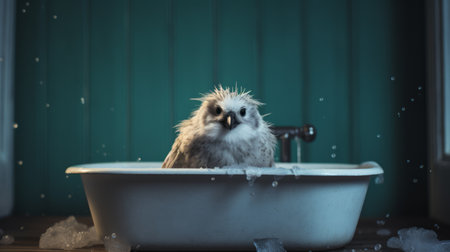 bird in a big tub wearing a long sleeve shirt, captured in a surrealistic style of photography. this animated gif showcases the unique concept of "mommy's on-the-phonecore" with a touch of aurorapunk. the minimalist canvas and the use of canon eos 5d mark iv result in a soggy yet captivating visual. ai generatedの素材