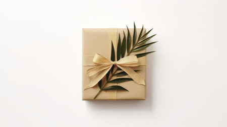 pine leaves, intricately tied together, adorn a brown wrapping box. the composition, inspired by balinese art, showcases a minimalist palette of light beige and gold. the photorealistic design features flower and nature motifs, creating an orderly and minimalistic arrangement. ai generatedの素材