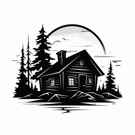 a vintage black and white forest logo, inspired by the cabincore aesthetic, showcases a dreamlike illustration of rural landscapes. the traditional oil painting style evokes a cold and detached atmosphere reminiscent of windows vista. the dark brown and black tones add depth to the captivating design. ai generatedの素材