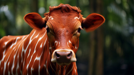 a cow with a big nose gazes directly at the camera, showcasing its unique features. the photograph captures the cow's youthful energy and unpolished authenticity. the dark orange and light crimson tones create a nature-inspired pattern, adding depth to the image. shot in 8k 3d with an iso of 200, this photo exudes a vibrant and captivating petcore aesthetic. ai generatedの素材