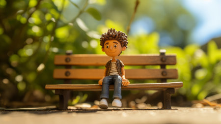 a young boy figurine sits on a bench, showcasing quirky cartoonish charm. the photo captures the bokeh effect in the background, reminiscent of bob ross's artistic style. the scene exudes the vibrant energy of life in new york city, with spiky mounds adding an interesting visual element. the photo's composition and aesthetics evoke the creativity and innovation of unreal engine 5, while also reflecting theの素材