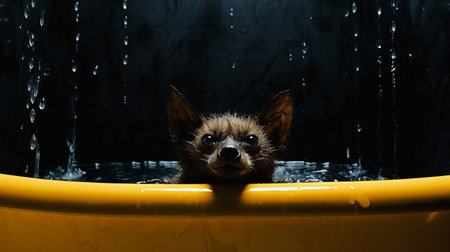 a bat perched inside a large tub, captured in a surrealistic style of photography. the bat is surrounded by a long sleeve shirt, creating a unique and animated composition. this image combines elements of mommy's on-the-phonecore, soggy aesthetics, and minimalist canvases. shot with a canon eos 5d mark iv, this photograph exudes an aurorapunk vibe. ai generatedの素材