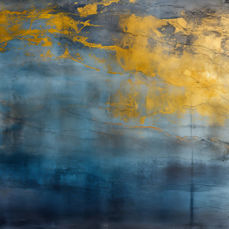 an abstract acrylic painting measuring 20x32, featuring a captivating blend of blue, gold, and yellow hues. this artwork is inspired by atmospheric and moody landscapes, as well as photographs of surfaces and monumental ink paintings. the piece showcases detailed skies, translucent layers, and a captivating combination of dark gold and gray tones. the textured elements add depth and intrigue to this visually stunning creation. aiの素材