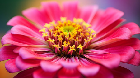 a pink flower with a yellow center and green leaves, captured in the style of focus stacking by photographer john wilhelm. this close-up shot showcases the vibrant spectrum of colors, with light red and light gold hues. the image beautifully captures the depth of layers in tranquil gardenscapes. ai generatedの素材