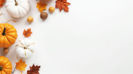 white table background adorned with pumpkins and orange pears, featuring minimalist leaf patterns in light bronze and maroon hues. this uhd image captures a kawaii aesthetic, exuding a sense of minimalistic serenity with its light white and light amber tones. ai generatedの素材