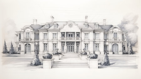 a neoclassical-style drawing of a large house in the french countryside, featuring hyper-detailed and realistic renderings. this commissioned artwork by jake wood-evans and todd mcfarlane, in the style of the vancouver school, showcases the symmetrical beauty of the house. created for peter mitchev, this drawing captures the essence of the french countryside with its intricate details and architectural elegance. ai generatedの素材