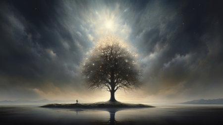 a minimalist oil painting featuring a lone tree as the focal point, positioned off-center. this star-inspired artwork incorporates collage techniques and elements of photography to create texture and depth. ai generatedの素材