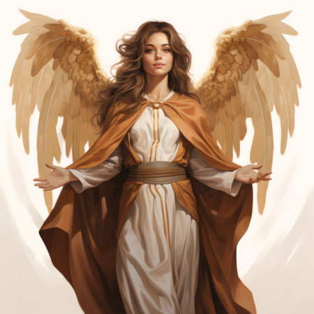 a portrait of a woman adorned in an angel's cloak, captured in the style of light brown and amber hues. this concept art by john larriva showcases hyperrealistic illustrations, featuring charming anime characters with a touch of biblical grandeur. the artwork evokes the influence of aleksandr deyneka. ai generatedの素材