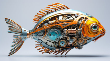 outsider art sea fish, a captivating half-mechanical half-fish creation, stands against a pristine white background. the high contrast and ultra-detailed realistic cinematic lighting enhance the surrealistic nature of this photo-realistic painting. with beautiful lighting that adds volume and depth, this highly detailed illustration comes to life in stunning 8k resolution, perfectly framed in a 16:9 aspect ratio. ai generatedの素材