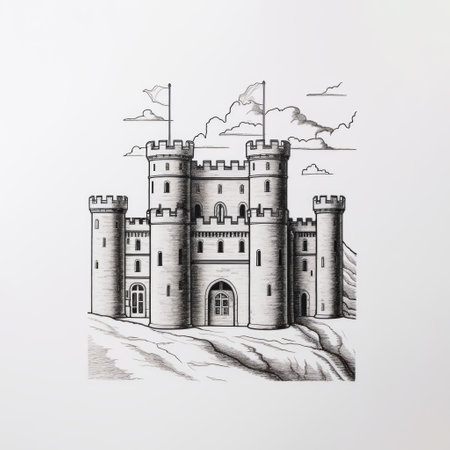 a minimalist line art depiction of bolton castle, showcasing its distinctive architecture with clean, precise lines. the drawing captures the essence of the castle's form and structure, focusing on its iconic silhouette, towers, and spires. this minimalistic ink drawing on smooth paper beautifully highlights the castle's unique features. ai generatedの素材