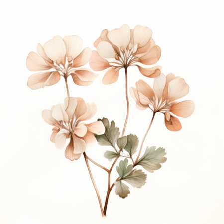 hand-drawn watercolor illustration featuring two brown flowers on a white background. this artwork, inspired by the style of flora borsi and the song dynasty, showcases light pink and light orange hues. the composition resembles mural-like designs with densely patterned imagery, reminiscent of the works of carl kleiner. the overall aesthetic evokes the delicate beauty of porcelain. ai generatedの素材