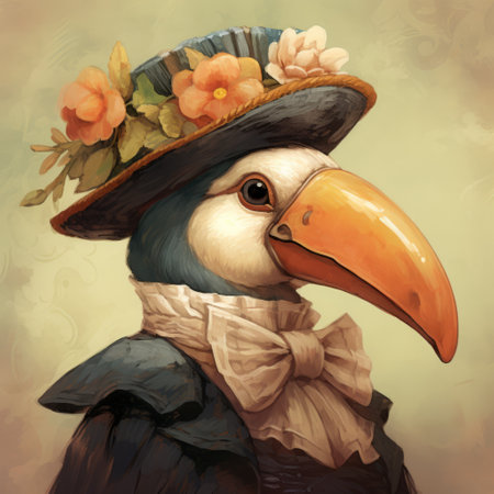 a parrot in a hat wearing a flower wreath, depicted in the style of 2d game art and classical portraits by artists alejandro burdisio and abigail larson. the color palette consists of dark navy and light bronze, inspired by the oshare kei fashion movement. this artwork is a commissioned piece. ai generatedの素材