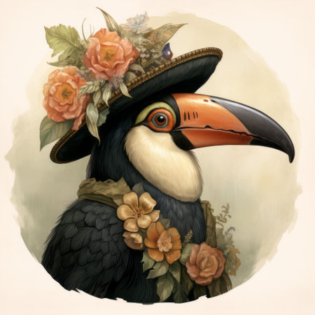 birds and flowers art by christine jones, inspired by the style of brian mashburn, features anthropomorphic animals in a playful character design. the artwork also incorporates elements reminiscent of fernando amorsolo and edwin henry landseer, with a dark black and beige color palette. the overall aesthetic can be described as a fusion of baroque and sci-fi influences. ai generatedの素材