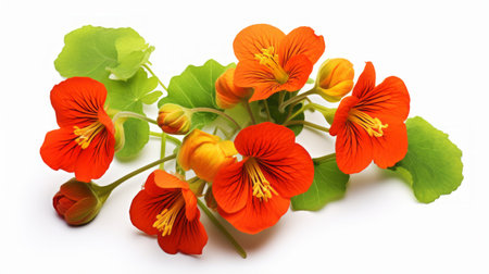 red and orange flowers, reminiscent of absinthe culture, bloom vibrantly against a clean white background. this nature-inspired imagery, influenced by the works of herb trimpe, showcases infused symbolism and captures the essence of the vibrant colors found in the natural world. ai generatedの素材