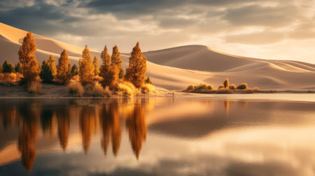 a serene lake surrounded by sequoia trees in full autumn splendor, reflecting vibrant colors on the calm water's surface. this tranquil scene evokes serenity and appreciation for the beauty of nature during the fall season. shot during golden hour, the image showcases soft, warm light illuminating the dune, creating a captivating and peaceful atmosphere. ai generatedの素材