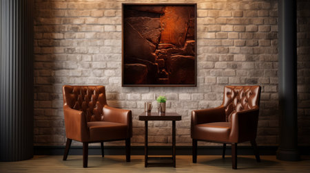 living room with dark brown leather chairs and a painting on the wall, featuring organic stone carvings. captured with a nikon d750, the photo showcases a canvas texture with emphasis on light red and dark amber tones. the matte finish adds a touch of sophistication to this british topographical-inspired composition. ai generatedの素材
