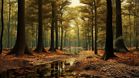 a stock photo (15173099) featuring a realistic and hyper-detailed rendering of a forest. the image showcases sparkling water reflections, with a color palette of dark beige and dark amber. the scene depicts a dutch landscape, created using photo-realistic techniques and rendered in cinema4d. the composition is characterized by texture-rich landscapes. ai generatedの素材