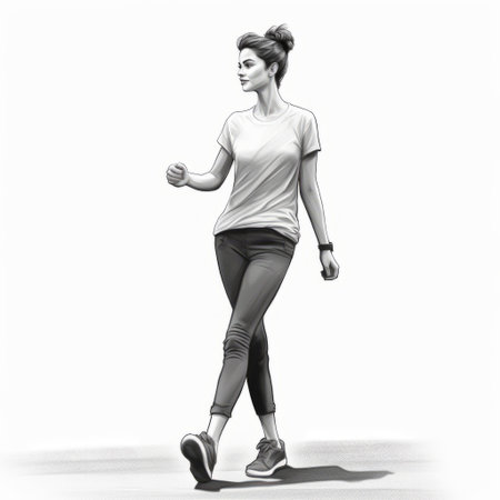 a minimalist black and white illustration of a woman with short hair walking in profile view. the sketch features a full body shot against a white background, with a tree positioned behind her. the woman is depicted with her hands in her pockets and wearing sport shoes. the artwork is kept simple and devoid of colors. ai generatedの素材