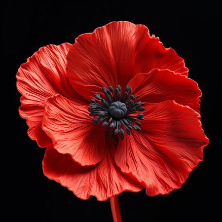 a poppy, inspired by organic architecture and native brasilian motifs, stands elegantly on a black background. this photorealistic image captures the intricate details of the flower, with high contrast shots emphasizing its beauty. the composition draws inspiration from artists such as cicely mary barker and martin puryear, showcasing graceful curves and a stunning visual impact. ai generatedの素材