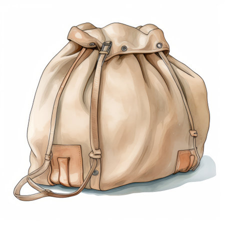 old drawstring bag vector illustration drawing in a simple design style, resembling realistic watercolor paintings. the bag is depicted in light brown and light beige colors, reflecting a schoolgirl lifestyle. this artwork on flickr showcases elements of dieselpunk and referential painting, with a realistic attention to detail. ai generatedの素材