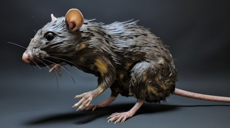gray rat 3d model on black background with textural paint effects. disturbingly whimsical, soggy appearance with dark brown and yellow tones. realistic human figures in a site-specific artwork. fluid dynamic brushwork adds depth and movement to the overall composition. ai generatedの素材
