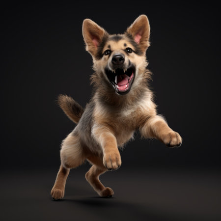 3d image of happy german shepherd playing with owners on sandy beach at sunset, ai generatedの素材