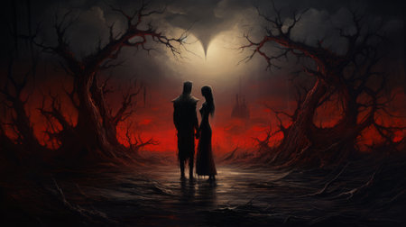 a couple walks through a dark forest with a majestic tree in the background. this digital fantasy landscape captures the essence of medieval art with its dark bronze and red tones. the image exudes an intense emotional atmosphere, blending love and romance with an apocalyptic landscape. it's a contest-winning masterpiece that transports viewers to a captivating world. ai generatedの素材