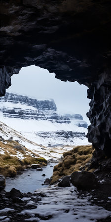 a mesmerizing photo of a cave in iceland, surrounded by the snowy terrain of the annapurna mountains. the hjorundfjord road leading to mount everest adds a sense of adventure to the scene. the photo captures the beauty of nature and the grandeur of the gothic script graffiti on the cave walls. the minimalist typography and symmetrical arrangement create a bottle rocket-esque aesthetic. ai generatedの素材