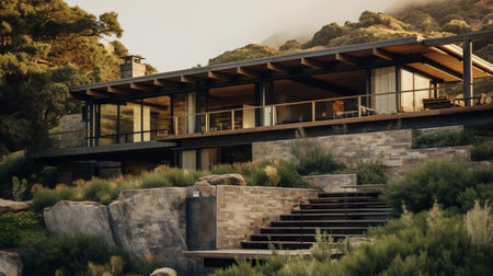 neoclassical architecture photography of sleek hillside house design by olson kundig. close up of blurred bush in the foreground adds depth to the composition. shot from a movie-like perspective, the image showcases professional color grading and epic volumetric lighting. captured with a sony alpha a7 iii camera and a sony fe 24-105mm f/4 g oss lens, the photo is in uhd and 8k resolution, featuringの素材