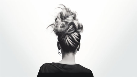 a woman's hair is elegantly styled in a bun, radiating a sense of love and affection. this monochromatic graphic design showcases high contrast lighting and subtle tonal gradations. the use of a sabattier filter adds a unique touch to the image. captured from a high-angle perspective, this versatile hairstyle embodies multiple styles, perfect for a salon kei look. ai generatedの素材