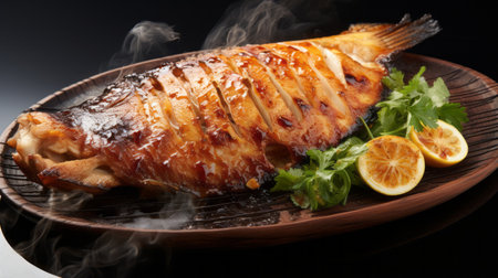 grilled fish and oyako yakisoba are beautifully presented on a wooden serving tray with a slice of lemon. the photo captures the intricate details of the dish, from the striated resin veins on the tray to the texture of fur and feathers. the smokey background and skillful lighting add to the atmospheric feel, while the jagged edges give it a unique touch. the overall effectの素材