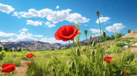 a stunning photo capturing the beauty of a sky filled with mountains, vibrant red poppies, and a lush green field. this realistic and hyper-detailed rendering showcases the breathtaking scenery. shot with the zeiss milvus 25mm f/1.4 ze lens, the light sky-blue and yellow hues add to the overall appeal. the laowa 100mm f/2.8 2x ultra macro apo lens was used to capture the intricate detailsの素材