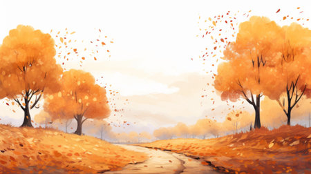 fall trees line a road in this autumn season free abstract hd wallpaper. the art style resembles illustrations from children's books, with light orange and gold hues. the image has an anime-influenced touch and features transparent layers, giving it a sketch-like appearance. the uhd image showcases the beauty of nature with the vibrant colors of fall. ai generatedの素材