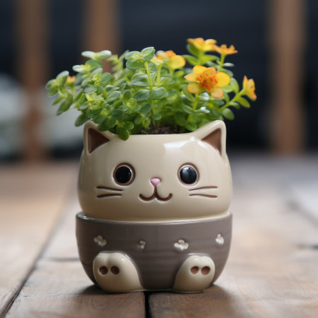 a cute cartoonish cat ornament is suspended above a wooden table adorned with a flower pot. captured with the tamron sp 70-200mm f/2.8 di vc usd g2 lens, the photo showcases a delightful combination of light green and dark beige tones. the cat ornament features a strong facial expression, while the ceramic elements exhibit a charming blend of light yellow and dark gray hues. theの素材