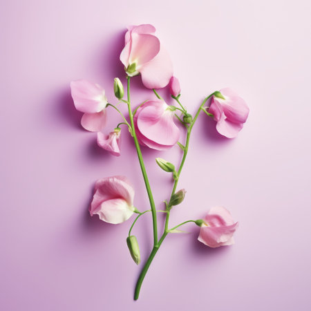 pink sweet peas arranged in a top view on a pink background. this photo, rendered in cinema4d, showcases nature-inspired compositions with a graceful balance. the captured essence of the moment is enhanced by the use of bloomcore and photo-realistic techniques. the vibrant colors of the sweet peas pop against the soft pink backdrop, creating a visually stunning image. ai generatedの素材