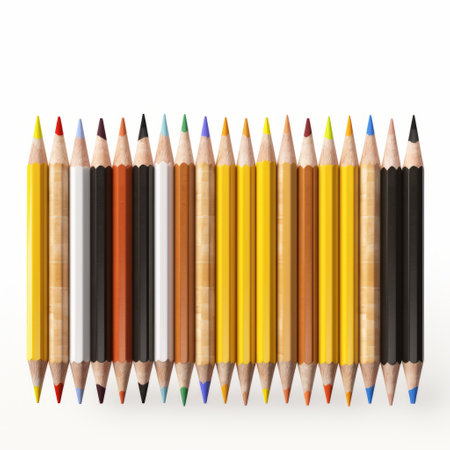 a row of diverse colored pencils, featuring yellow and brown shades, is captured in a birds-eye-view perspective. this realistic rendering, created in cinema4d, showcases an optical geometry with minimalist designs and anti-clutter aesthetics. the image highlights culturally diverse elements, making it visually captivating and versatile for various creative projects. ai generatedの素材