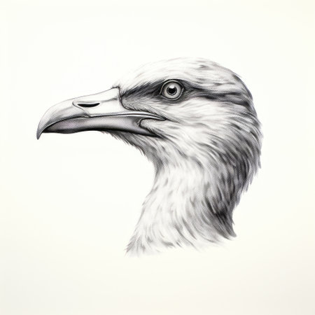 a black and white eagle is depicted in this vector illustration. the artwork showcases the hyperrealistic portraiture style, resembling hyper-realistic bird studies. the sepia tone adds a touch of vintage appeal. the illustration also incorporates elements of psychological phenomena illustrations, benin art, minimalistic surrealism, and lithograph techniques. the white background enhances the focus on the eagle's intricate details. ai generatedの素材