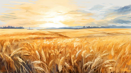 a digital painting by genndy tartakovsky depicting a vibrant wheat field at sunset. the artwork showcases a golden palette and captures the lively coastal landscapes. with a resolution of 3840x2160, this painting embodies the aesthetics of the farm security administration era. ai generatedの素材