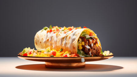 a mouthwatering burrito floats in mid-air, showcasing its deliciousness. our product photography captures every detail, highlighting the enticing flavors. with our white space and ultra-real display stand, your cake will truly stand out. the warm and inviting home style advertisement will entice customers, while our bright light and high detail showcase the exceptional quality of your product. ai generatedの素材