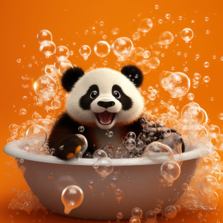 an orange background sets the vibrant tone for this captivating photo featuring a unique orange panda immersed in water. inspired by the artistic style of mike campau, the image seamlessly blends realistic and fantastical elements. with the use of vray tracing, the wildlife art takes on a satirical twist, created by tooth wu. the interactive composition is further enhanced by the presence of water drops,の素材