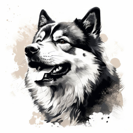 a white background showcases a red and white drawing of a husky dog. the drawing is done in the style of ink wash painting, with simplistic vector art elements. the colors used are dark black and light beige, creating realistic hyper-detailed portraits. additional touches of light yellow and dark silver add depth to the image. the artist has skillfully combined traditional oil-painting techniques with vibrantの素材