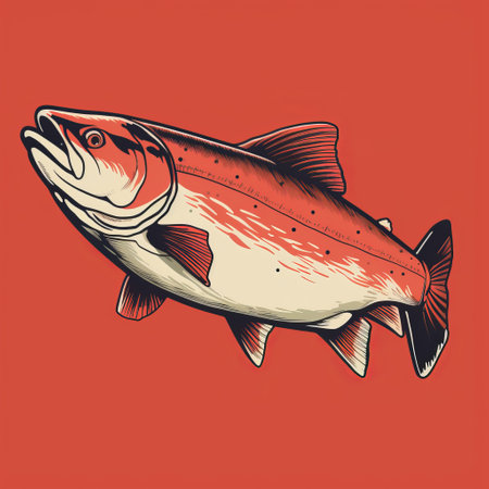 a fish vector illustration capturing the essence of fly fishing, inspired by the artistic style of butcher billy. the illustration features a combination of light orange and light maroon tones, with subtle realism and high-contrast shading. the use of light red and light indigo adds depth to the illustration, creating stark visuals that truly stand out. ai generatedの素材