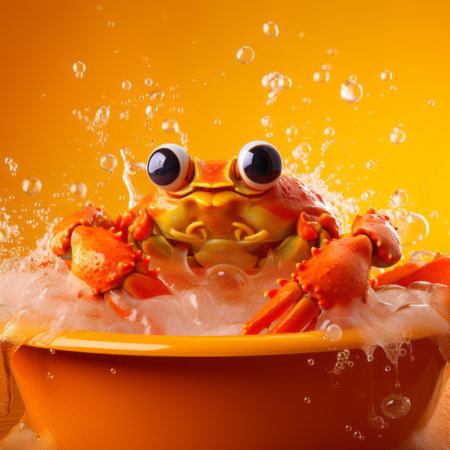 a playful and fun photobashing image featuring an orange crab in a tub. the crab has a strong facial expression, and the photo-realistic techniques used in the image make it visually striking. water drops add to the overall effect, creating a kimoicore vibe. ai generatedの素材