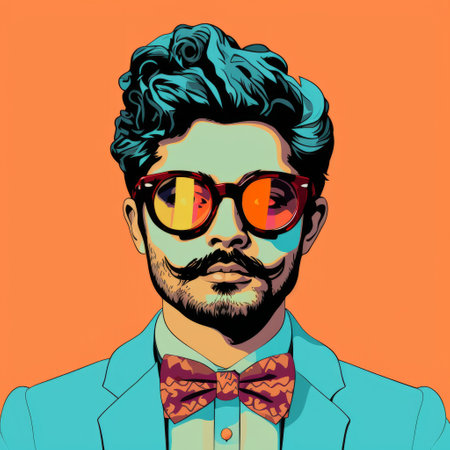 a man with glasses and a mustache is portrayed in a bold and colorful graphic design, reminiscent of indian pop culture. the vibrant combination of light turquoise and orange adds a retro-style touch to the highly detailed figures. this fashion-illustration-inspired artwork showcases the artist's skill in creating captivating and visually striking illustrations. ai generatedの素材