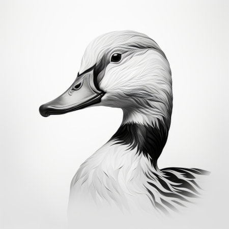 a portrait of a white duck's neck is showcased against a monochromatic background, reflecting the style of graphic design. the detailed character illustration captures the essence of the duck with hyper-realistic animal illustrations. the dark gray and light gray tones add depth to the image, while varied brushwork techniques enhance its visual appeal. this illustration beautifully represents the norwegian nature. ai generatedの素材